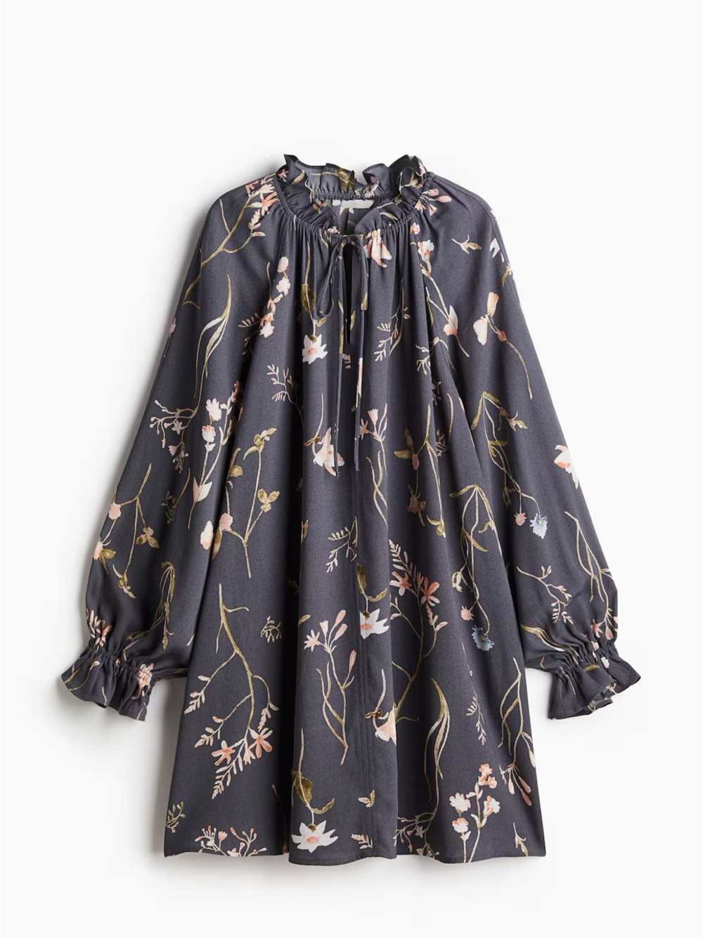 Floral Ruffle-Neck Swing Dress in Charcoal